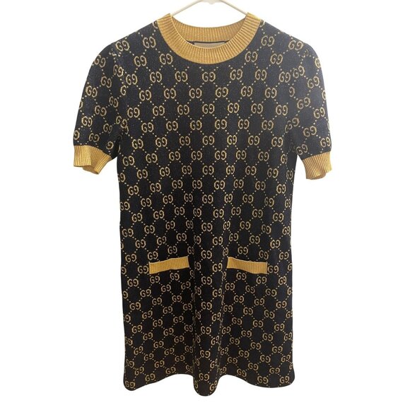 Gucci Womens Black & Gold GG Monogram Knit Short-Sleeve Dress With Pocket Detail - Picture 1 of 16